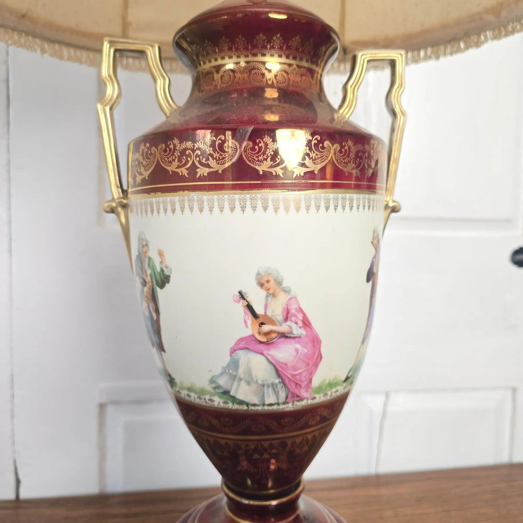 Vintage Fragonard-Style Porcelain Urn Lamp in Burgundy & Gold Gilt