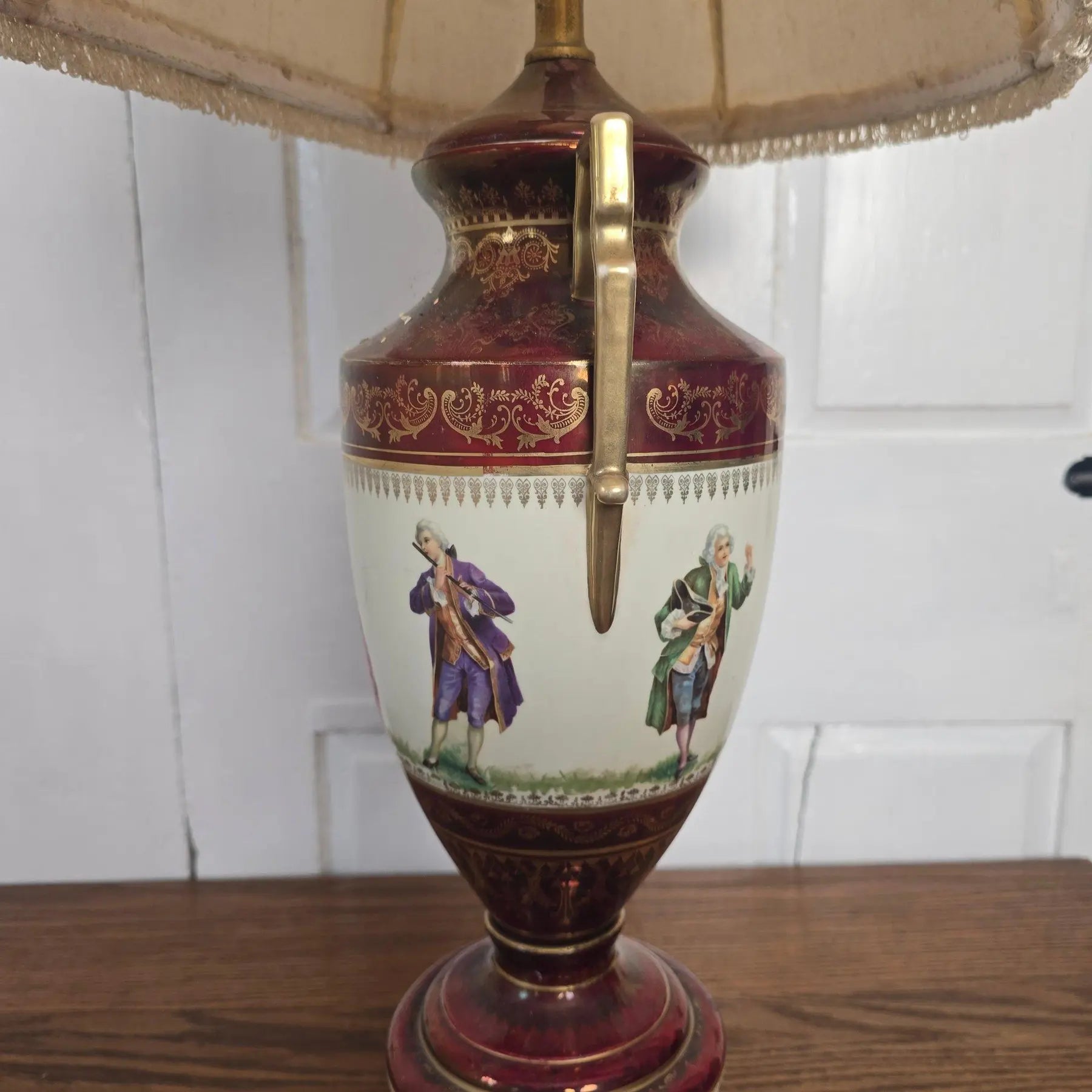 Vintage Fragonard-Style Porcelain Urn Lamp in Burgundy & Gold Gilt