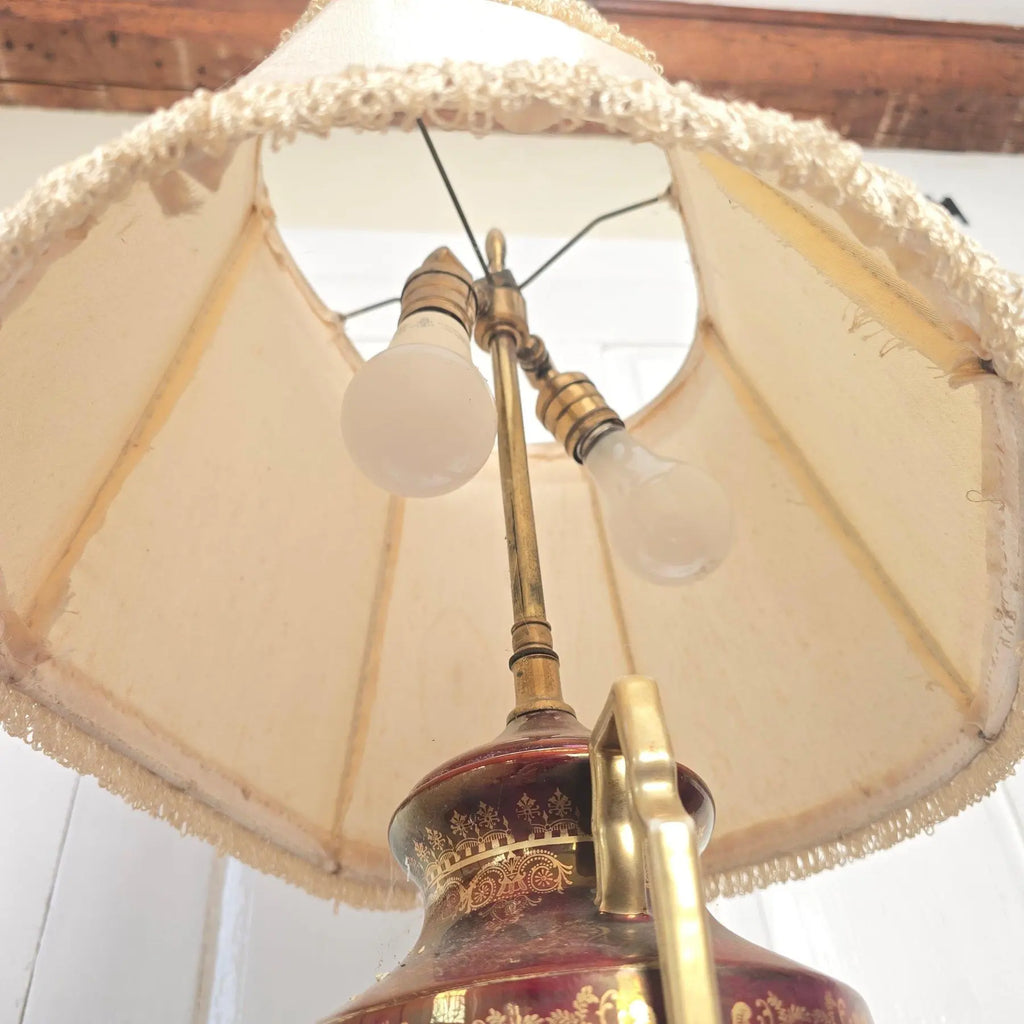 Vintage Fragonard-Style Porcelain Urn Lamp in Burgundy & Gold Gilt
