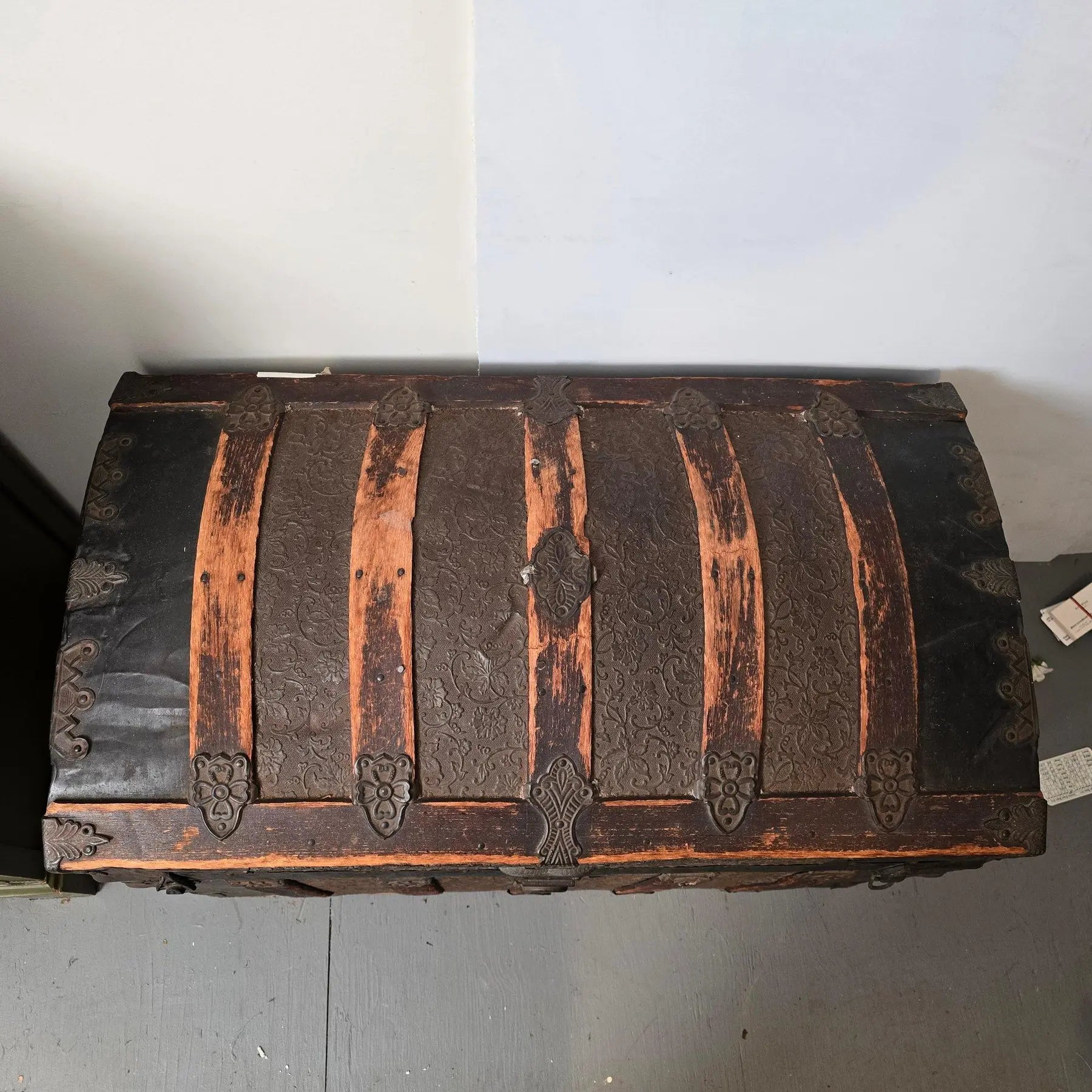 Monumental Victorian Dome Top Steamer Trunk with Rare Floral Embossed Tin and Pony Express Wichita Kansas Label