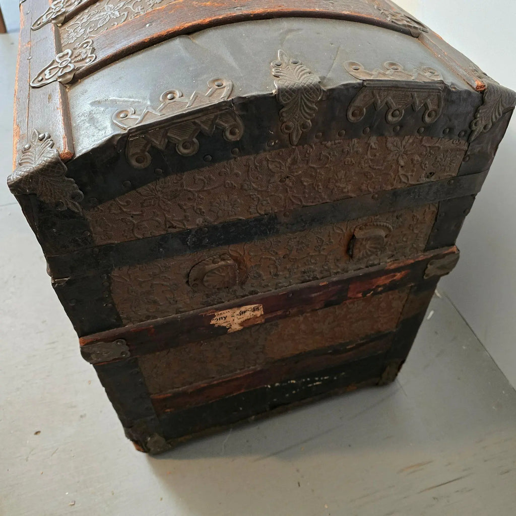 Monumental Victorian Dome Top Steamer Trunk with Rare Floral Embossed Tin and Pony Express Wichita Kansas Label