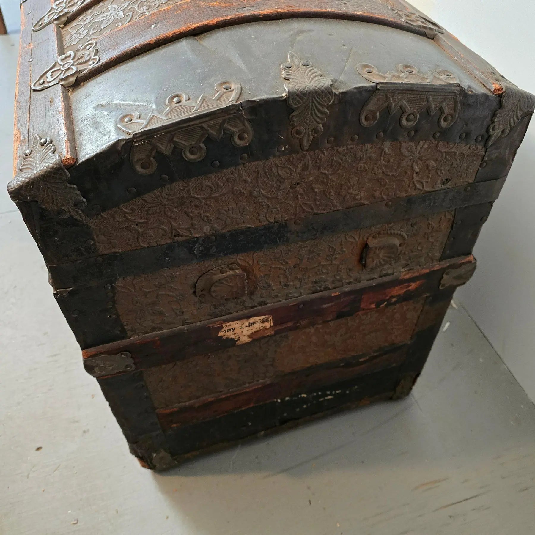 Monumental Victorian Dome Top Steamer Trunk with Rare Floral Embossed Tin and Pony Express Wichita Kansas Label