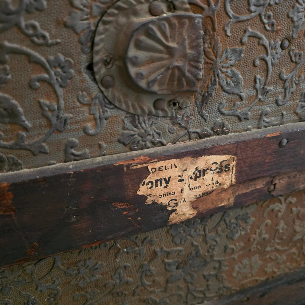 Monumental Victorian Dome Top Steamer Trunk with Rare Floral Embossed Tin and Pony Express Wichita Kansas Label