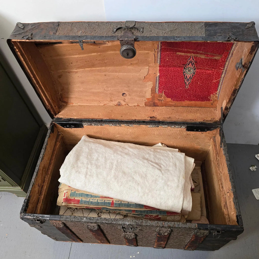 Monumental Victorian Dome Top Steamer Trunk with Rare Floral Embossed Tin and Pony Express Wichita Kansas Label