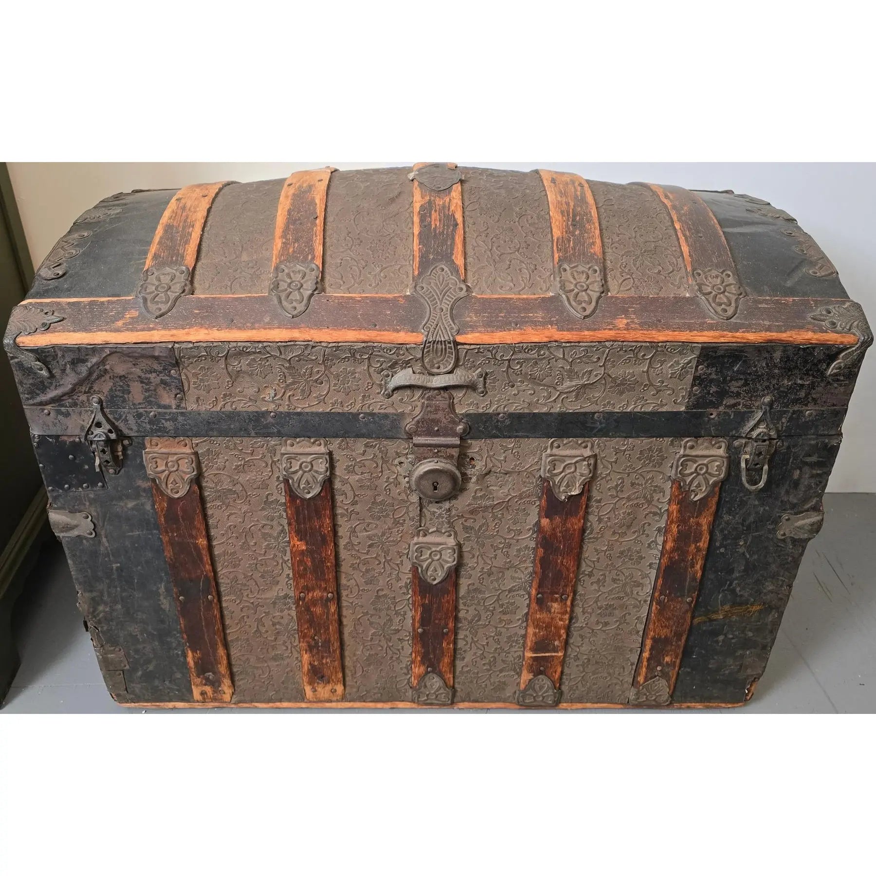 Monumental Victorian Dome Top Steamer Trunk with Rare Floral Embossed Tin and Pony Express Wichita Kansas Label