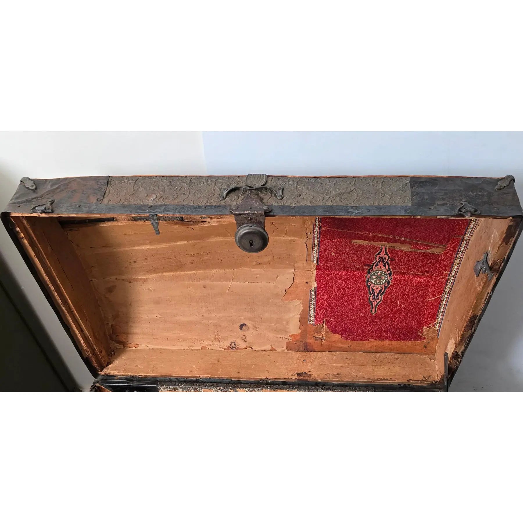 Monumental Victorian Dome Top Steamer Trunk with Rare Floral Embossed Tin and Pony Express Wichita Kansas Label