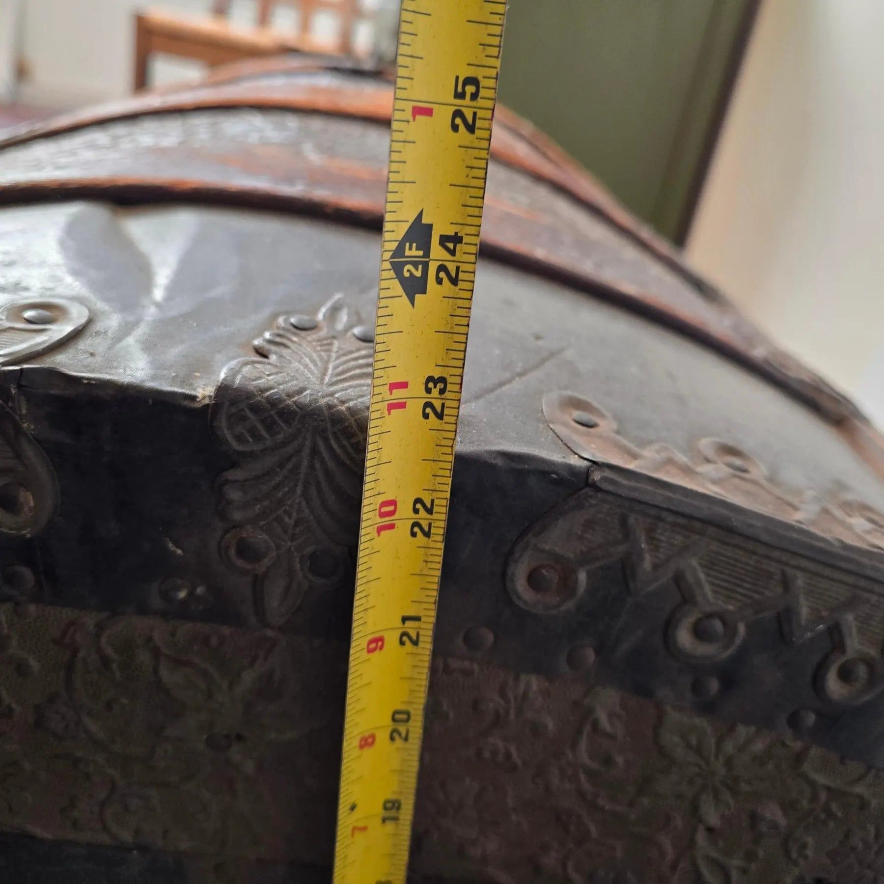 Monumental Victorian Dome Top Steamer Trunk with Rare Floral Embossed Tin and Pony Express Wichita Kansas Label
