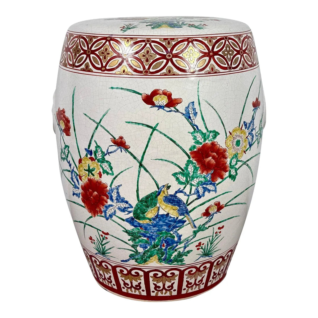 Vintage Chinese Famille Rose Hand Painted Birds and Peonies Porcelain Garden Stool Side Table
