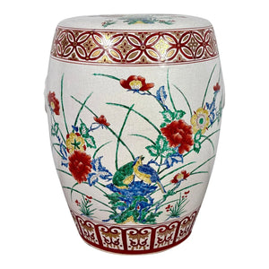 Vintage Chinese Famille Rose Hand Painted Birds and Peonies Porcelain Garden Stool Side Table