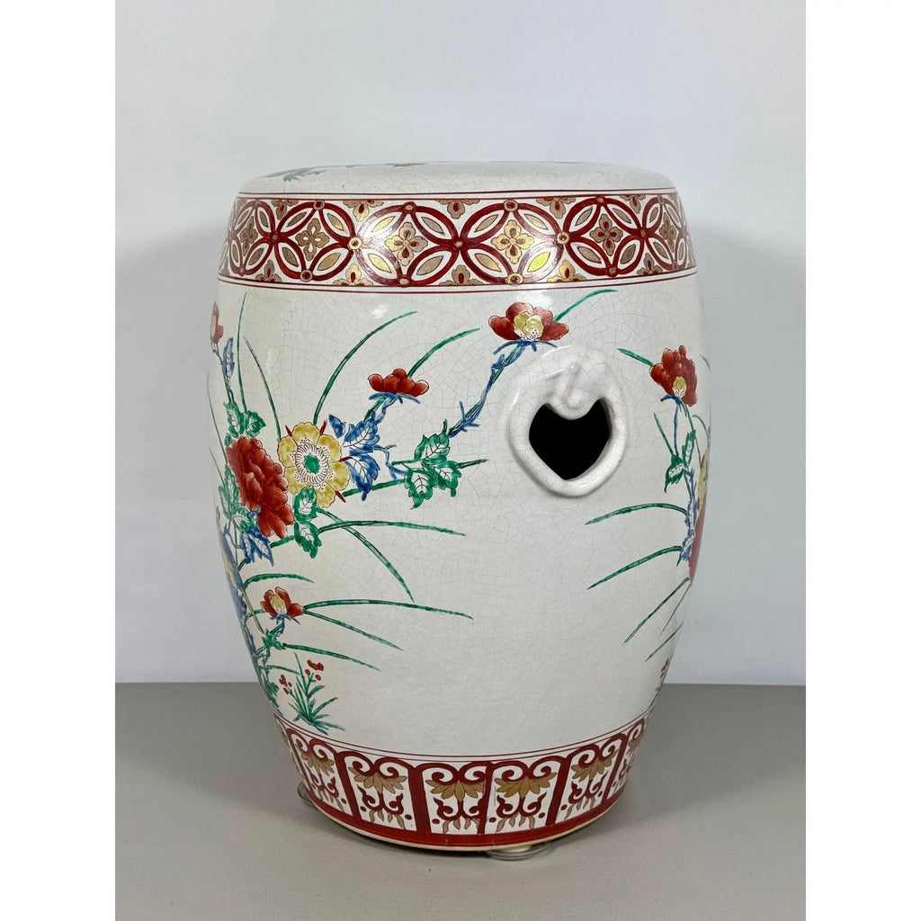 Vintage Chinese Famille Rose Hand Painted Birds and Peonies Porcelain Garden Stool Side Table