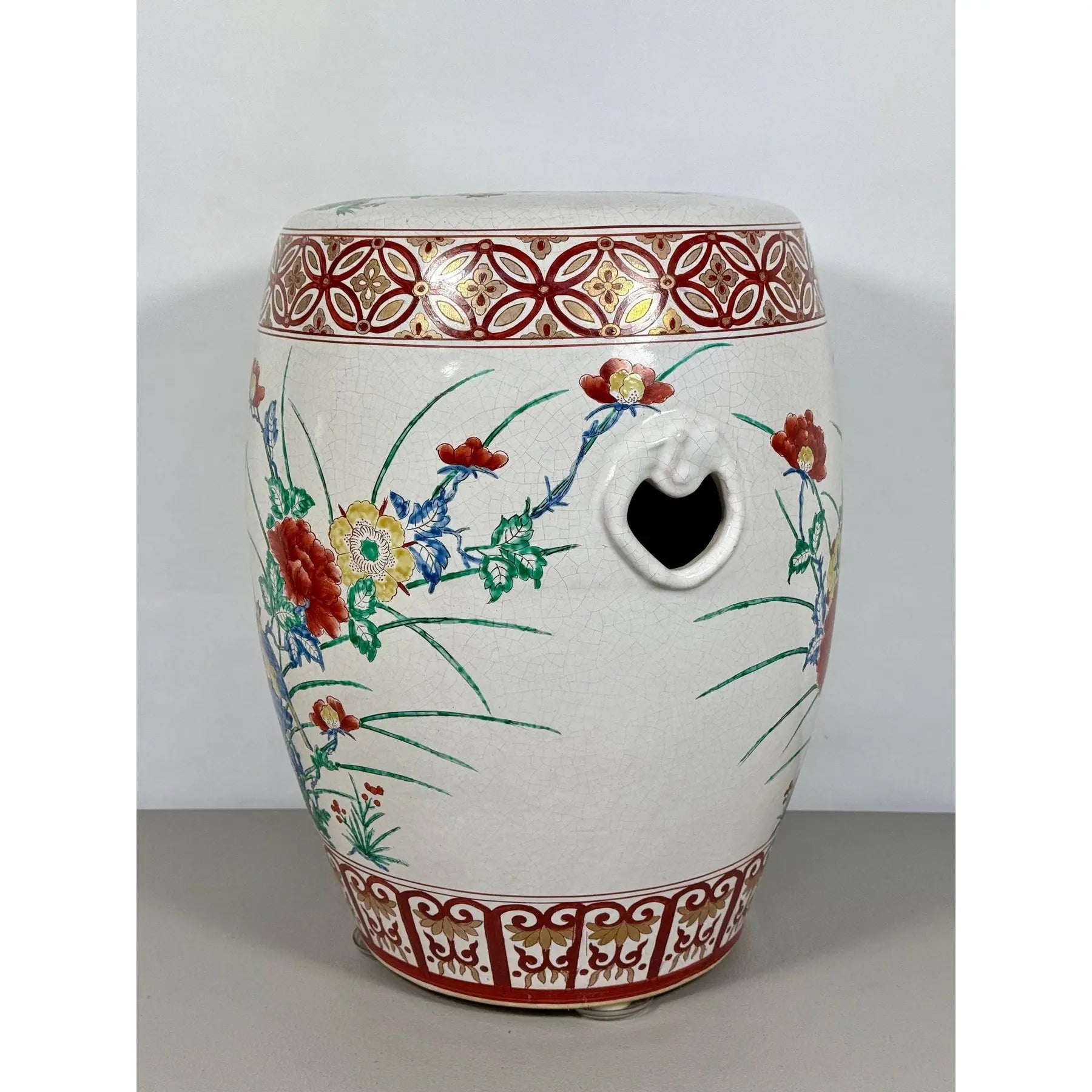 Vintage Chinese Famille Rose Hand Painted Birds and Peonies Porcelain Garden Stool Side Table