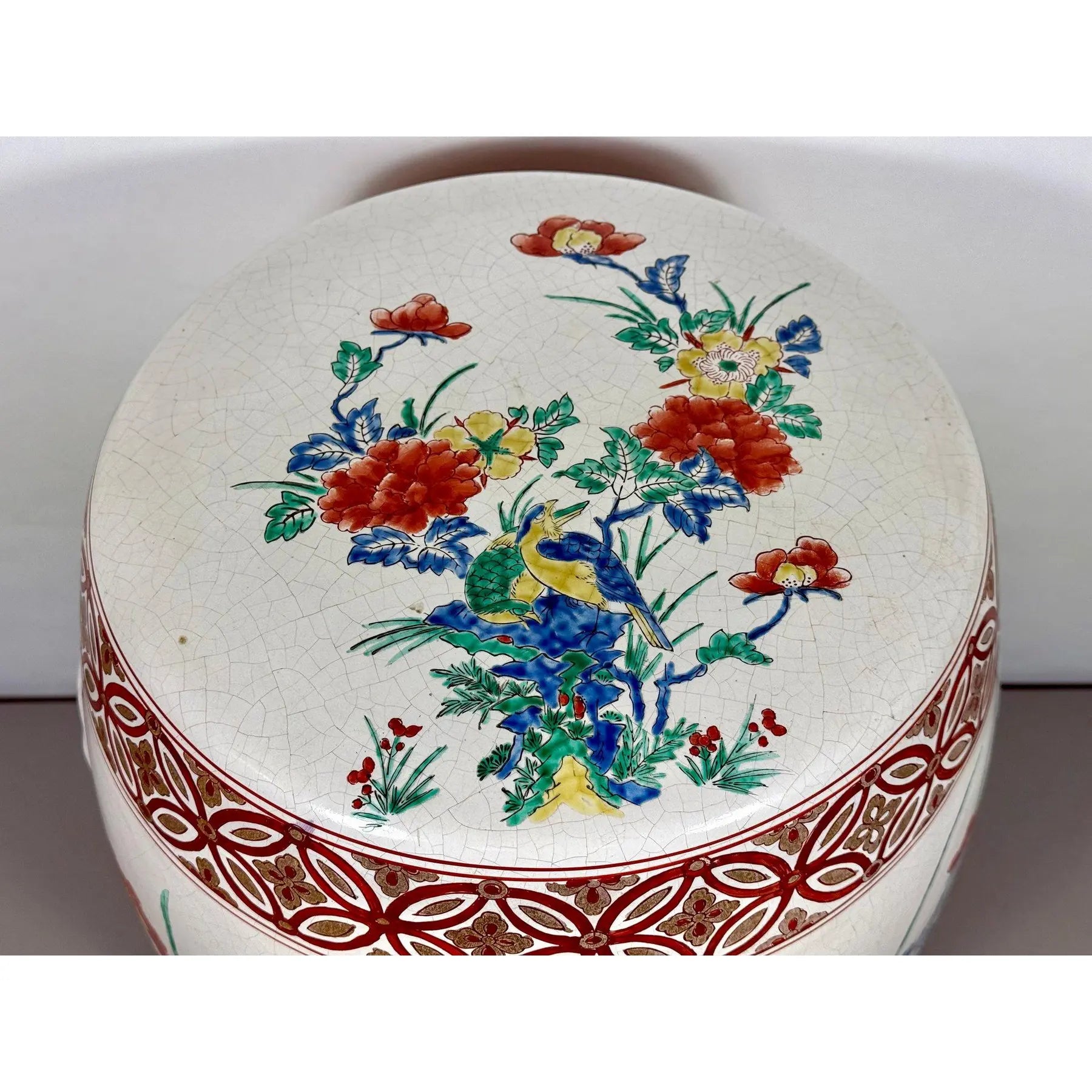 Vintage Chinese Famille Rose Hand Painted Birds and Peonies Porcelain Garden Stool Side Table