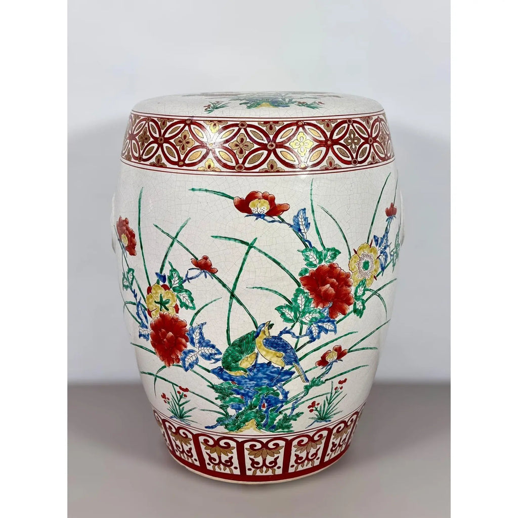 Vintage Chinese Famille Rose Hand Painted Birds and Peonies Porcelain Garden Stool Side Table