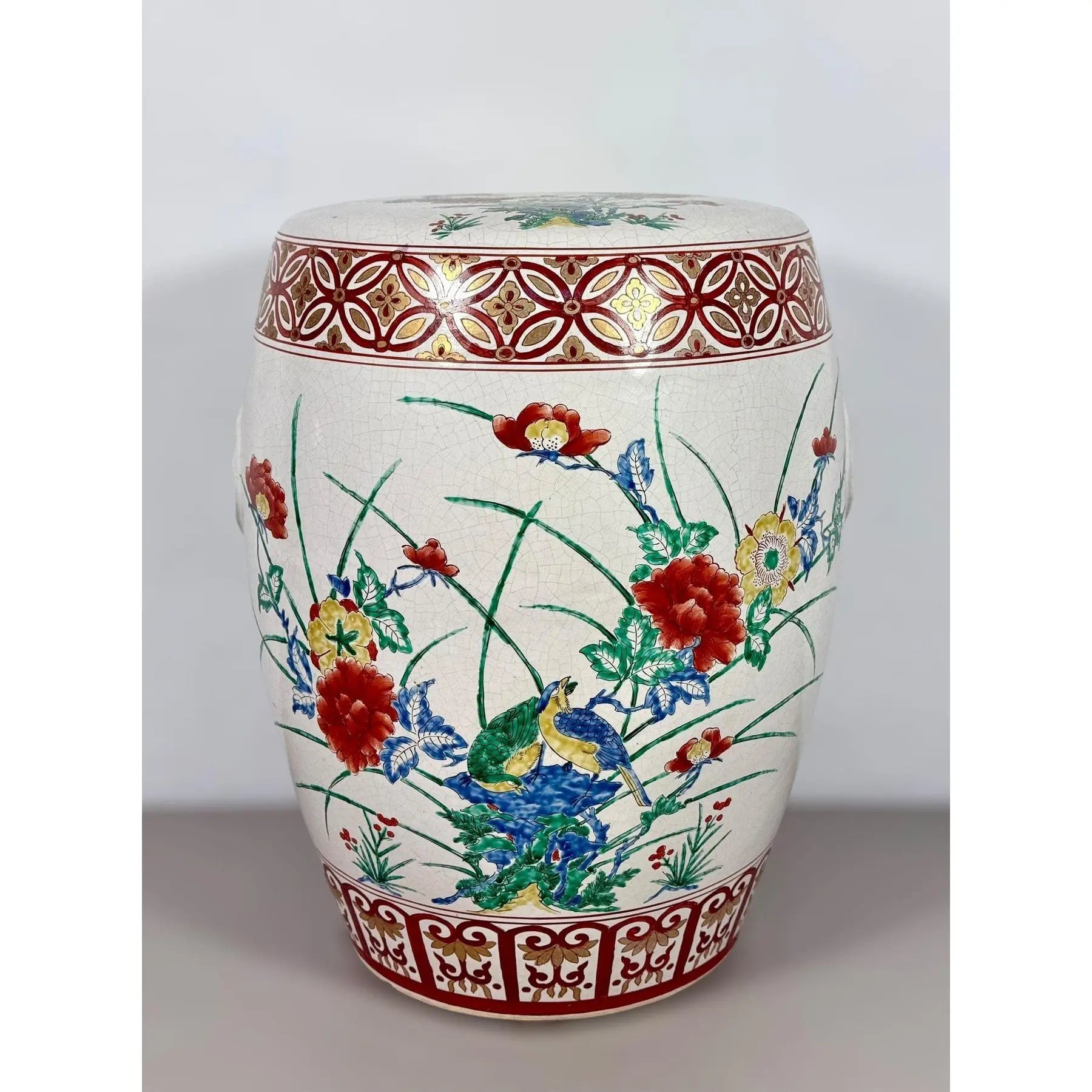 Vintage Chinese Famille Rose Hand Painted Birds and Peonies Porcelain Garden Stool Side Table