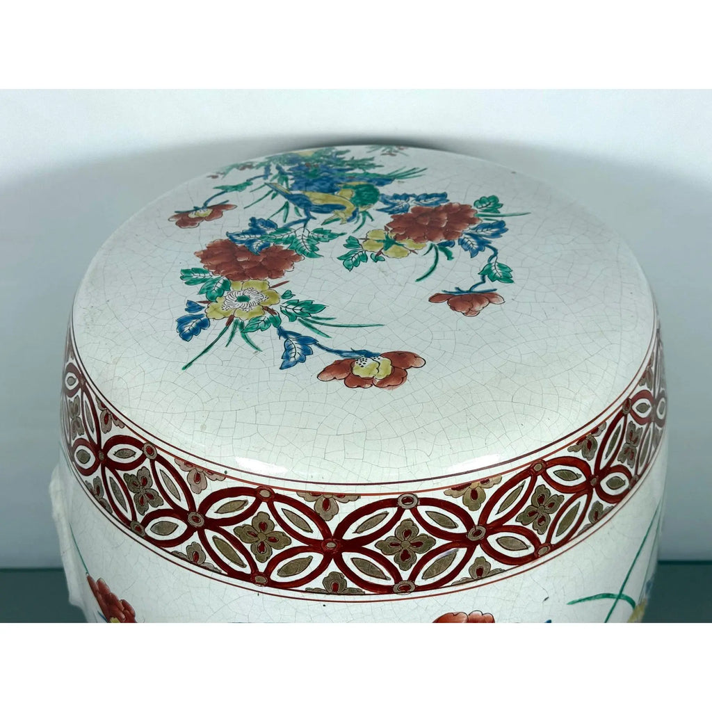 Vintage Chinese Famille Rose Hand Painted Birds and Peonies Porcelain Garden Stool Side Table