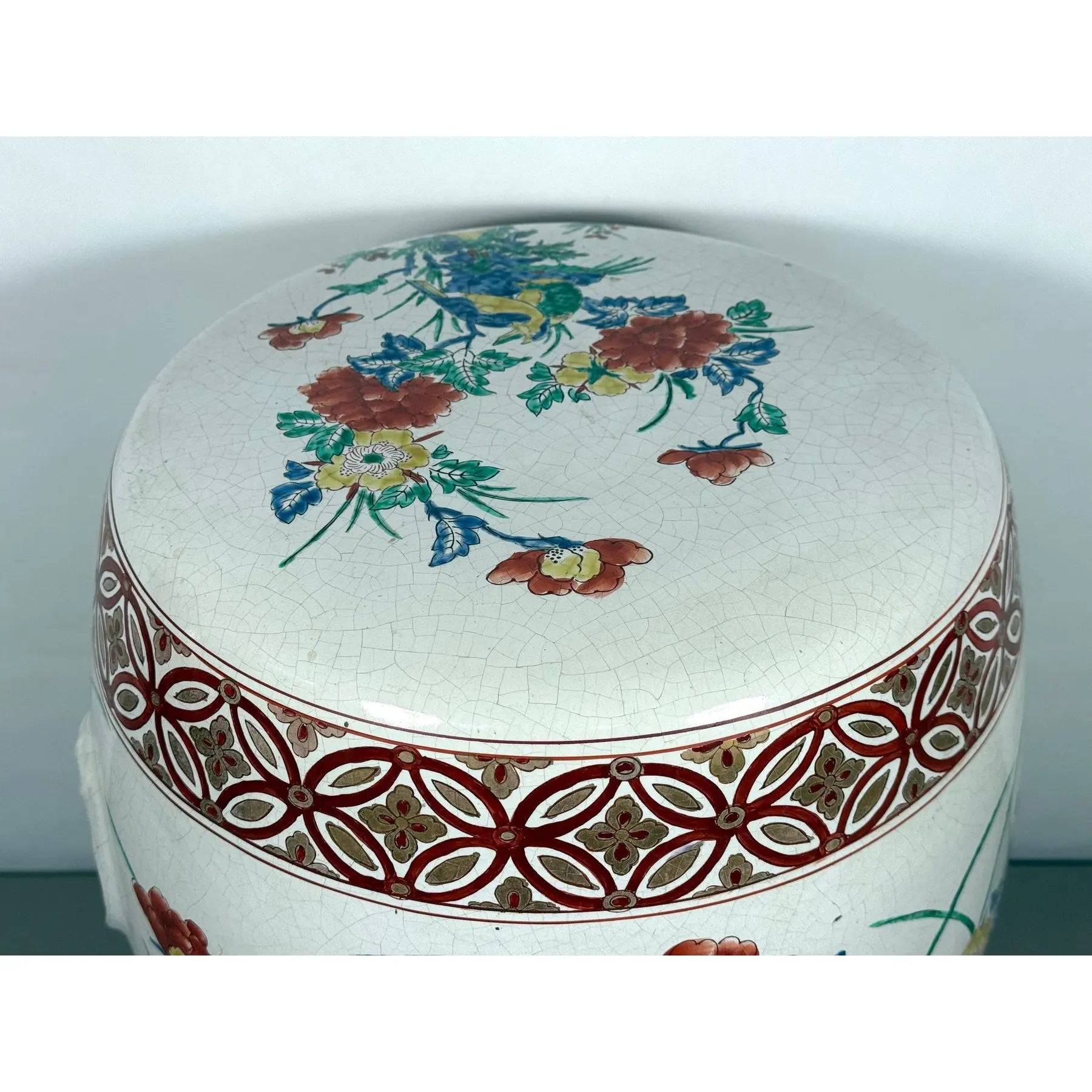 Vintage Chinese Famille Rose Hand Painted Birds and Peonies Porcelain Garden Stool Side Table