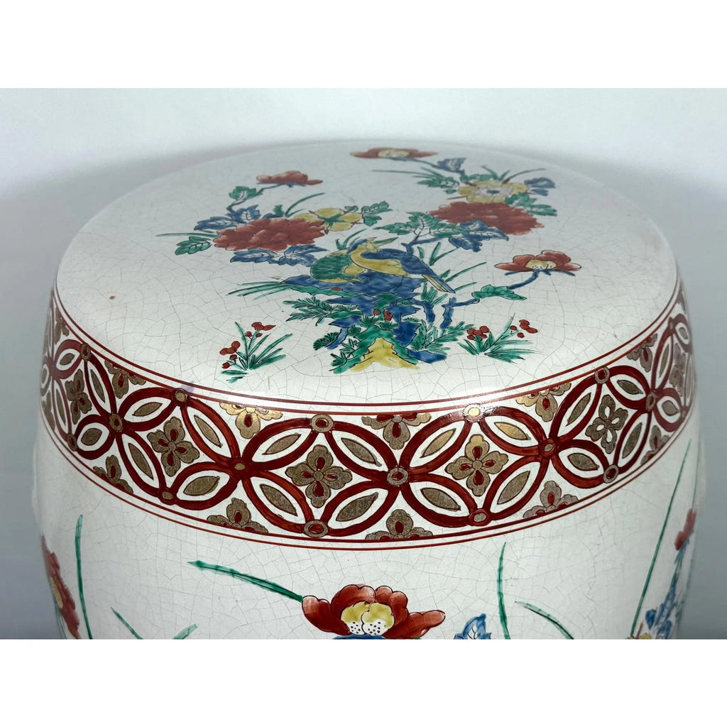 Vintage Chinese Famille Rose Hand Painted Birds and Peonies Porcelain Garden Stool Side Table