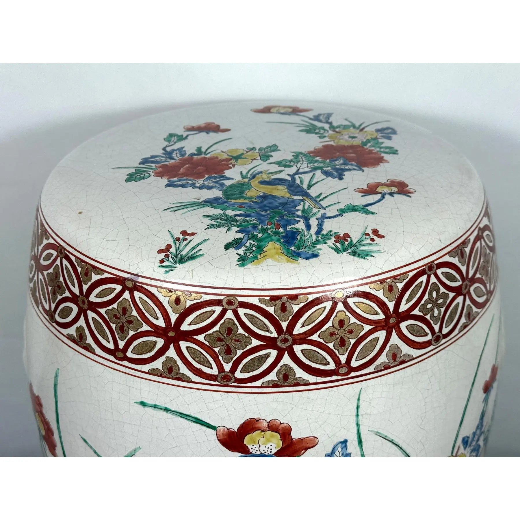 Vintage Chinese Famille Rose Hand Painted Birds and Peonies Porcelain Garden Stool Side Table