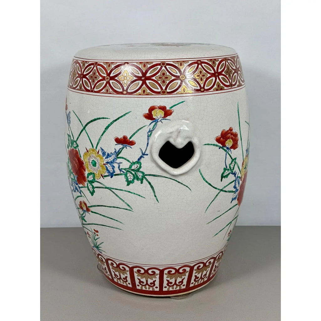 Vintage Chinese Famille Rose Hand Painted Birds and Peonies Porcelain Garden Stool Side Table