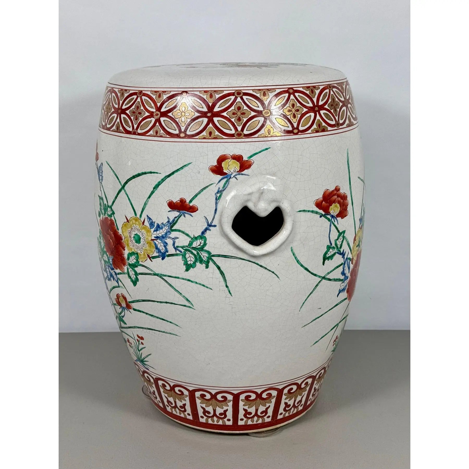 Vintage Chinese Famille Rose Hand Painted Birds and Peonies Porcelain Garden Stool Side Table
