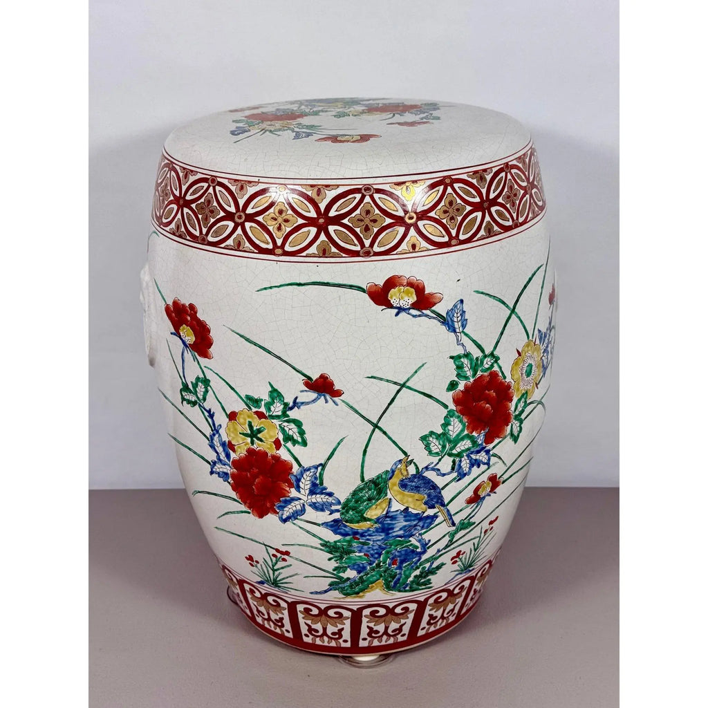 Vintage Chinese Famille Rose Hand Painted Birds and Peonies Porcelain Garden Stool Side Table