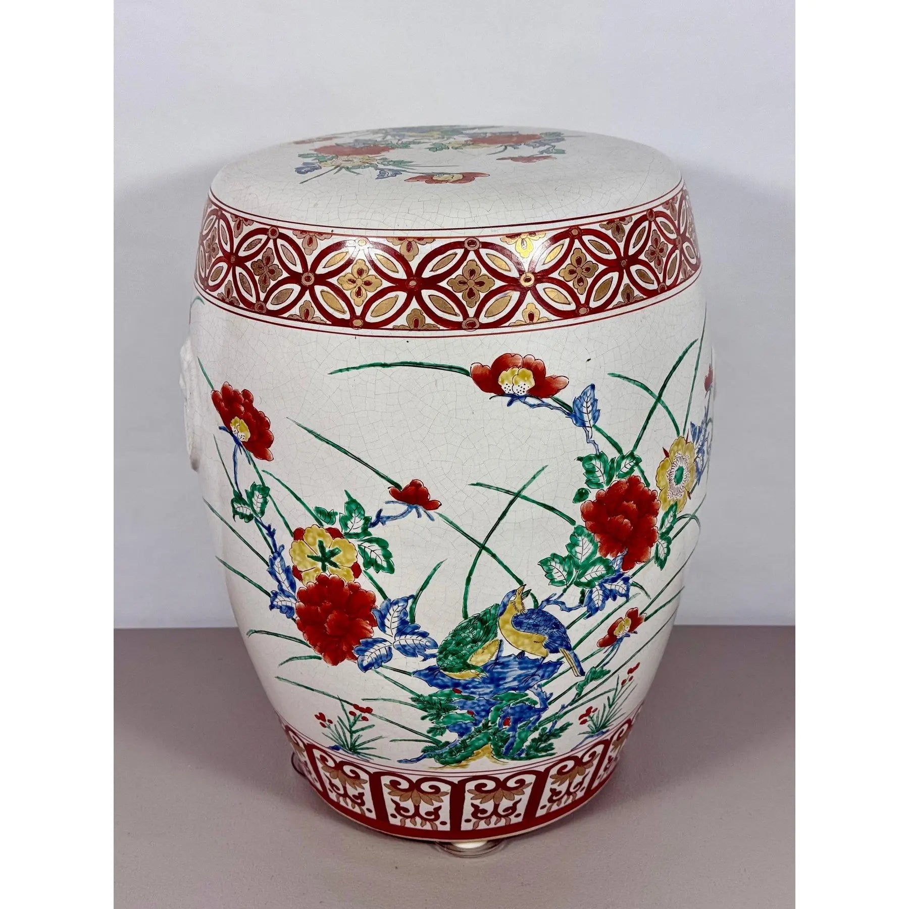Vintage Chinese Famille Rose Hand Painted Birds and Peonies Porcelain Garden Stool Side Table