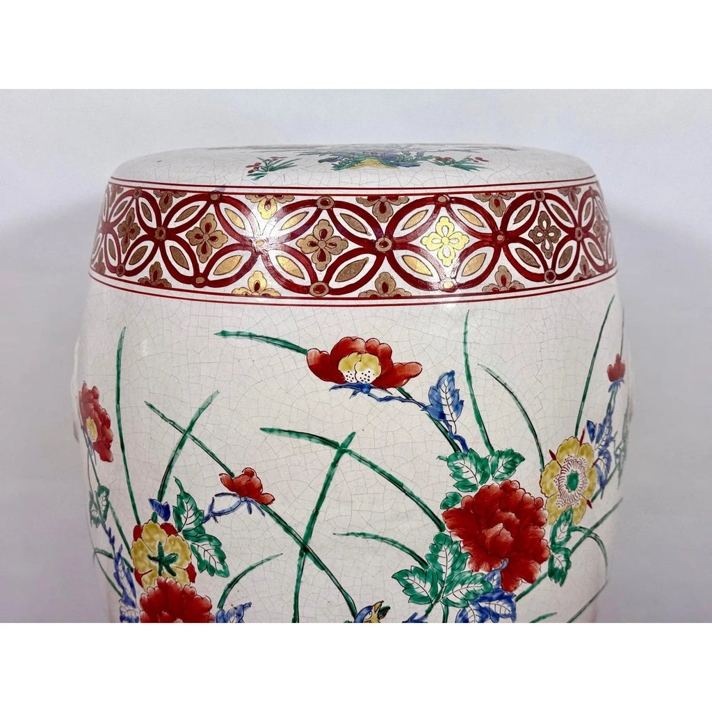Vintage Chinese Famille Rose Hand Painted Birds and Peonies Porcelain Garden Stool Side Table
