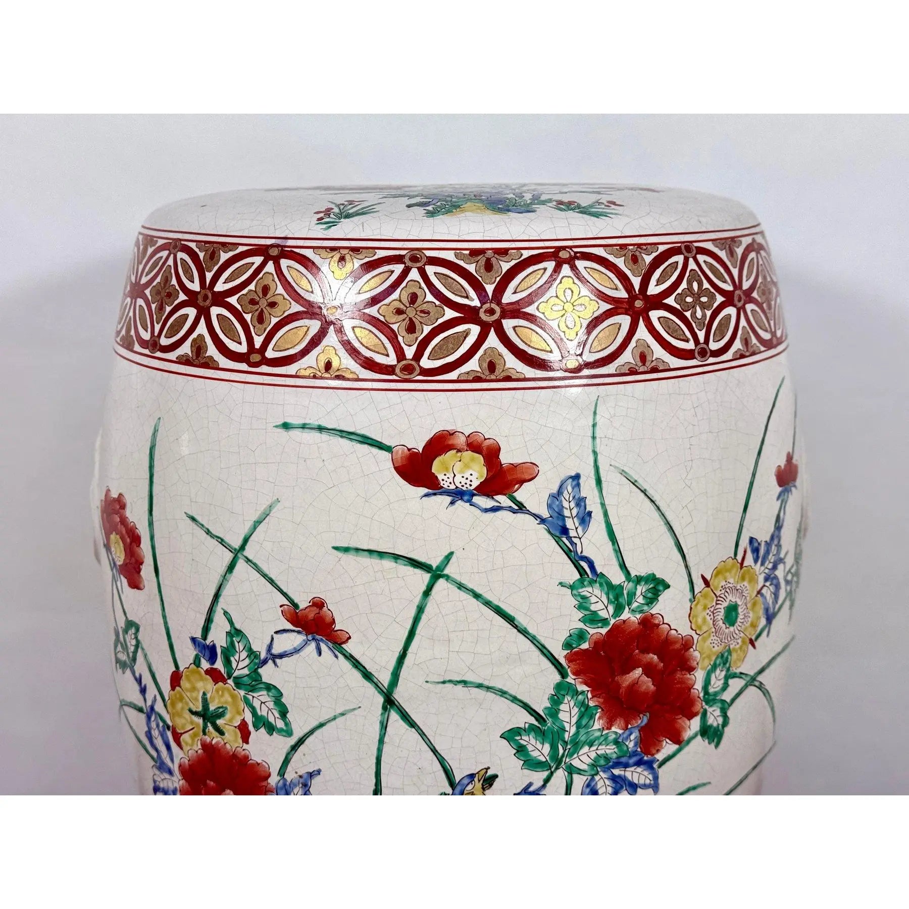 Vintage Chinese Famille Rose Hand Painted Birds and Peonies Porcelain Garden Stool Side Table