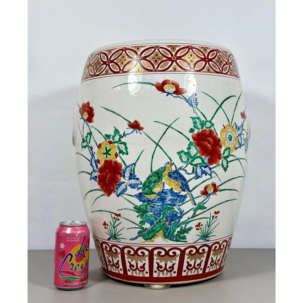 Vintage Chinese Famille Rose Hand Painted Birds and Peonies Porcelain Garden Stool Side Table