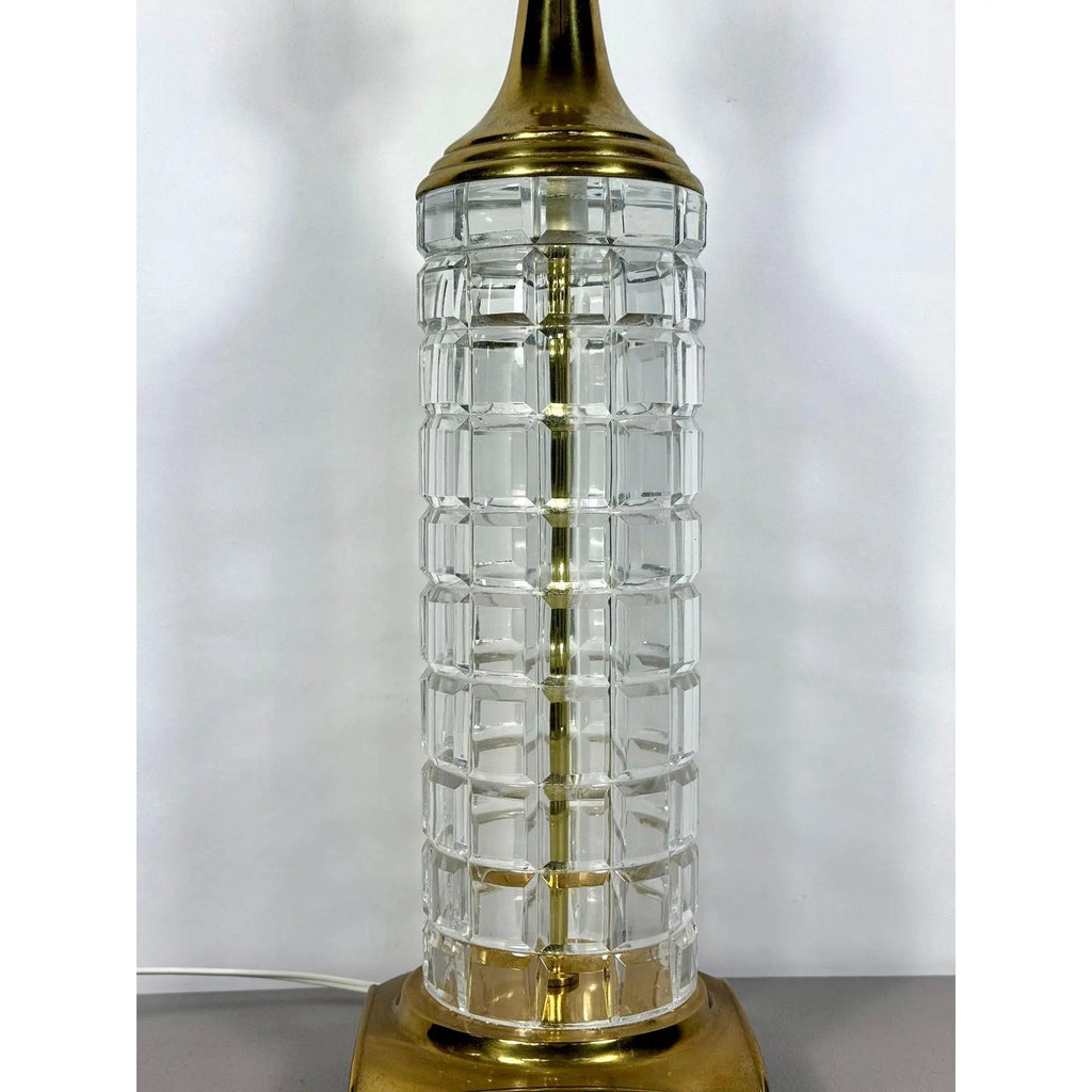 Large Signed Dresden Hand Cut Block Crystal and Brass Table Lamp 31 Inch Hollywood Regency