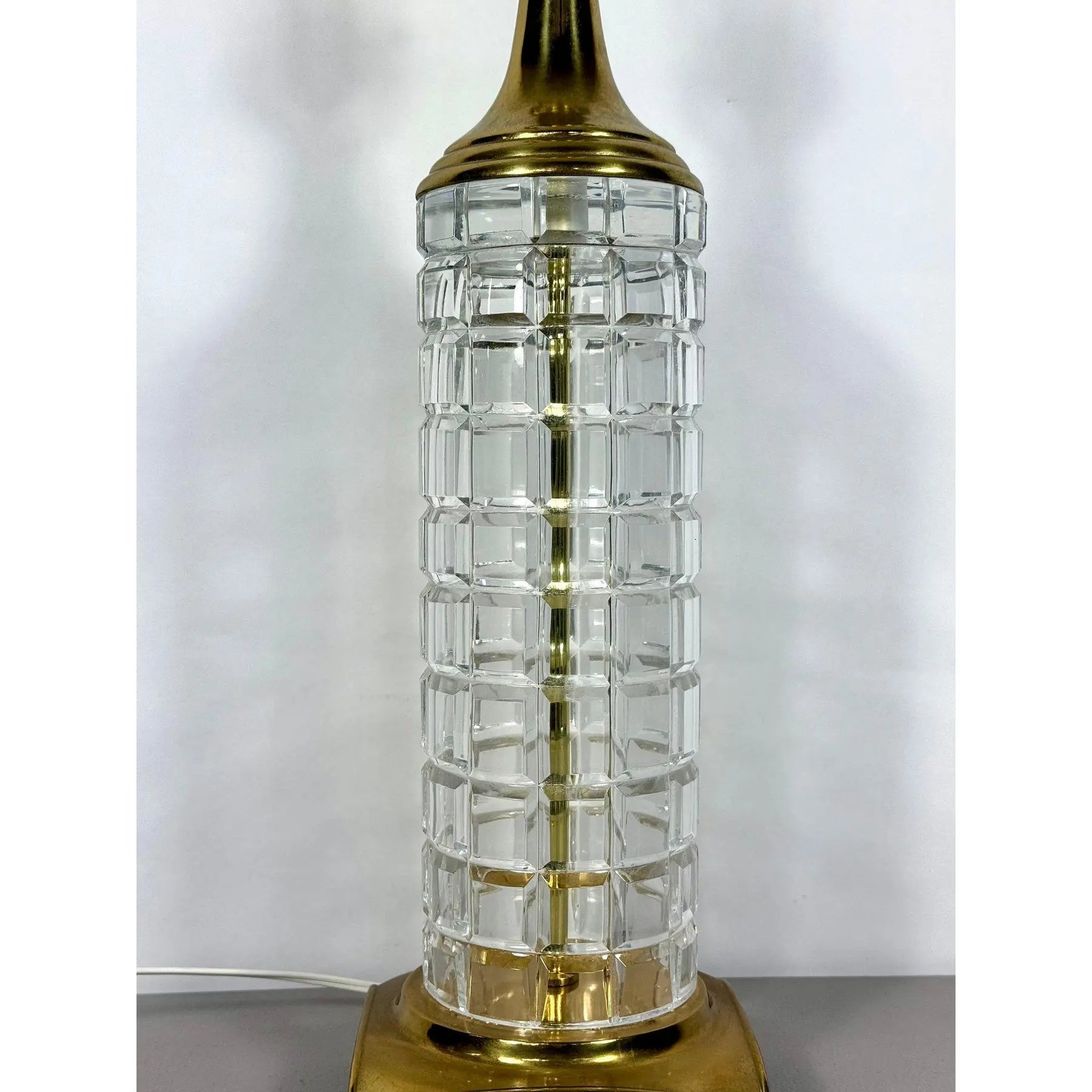 Large Signed Dresden Hand Cut Block Crystal and Brass Table Lamp 31 Inch Hollywood Regency