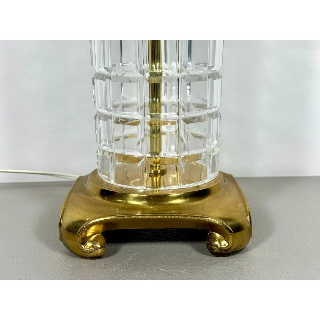 Large Signed Dresden Hand Cut Block Crystal and Brass Table Lamp 31 Inch Hollywood Regency