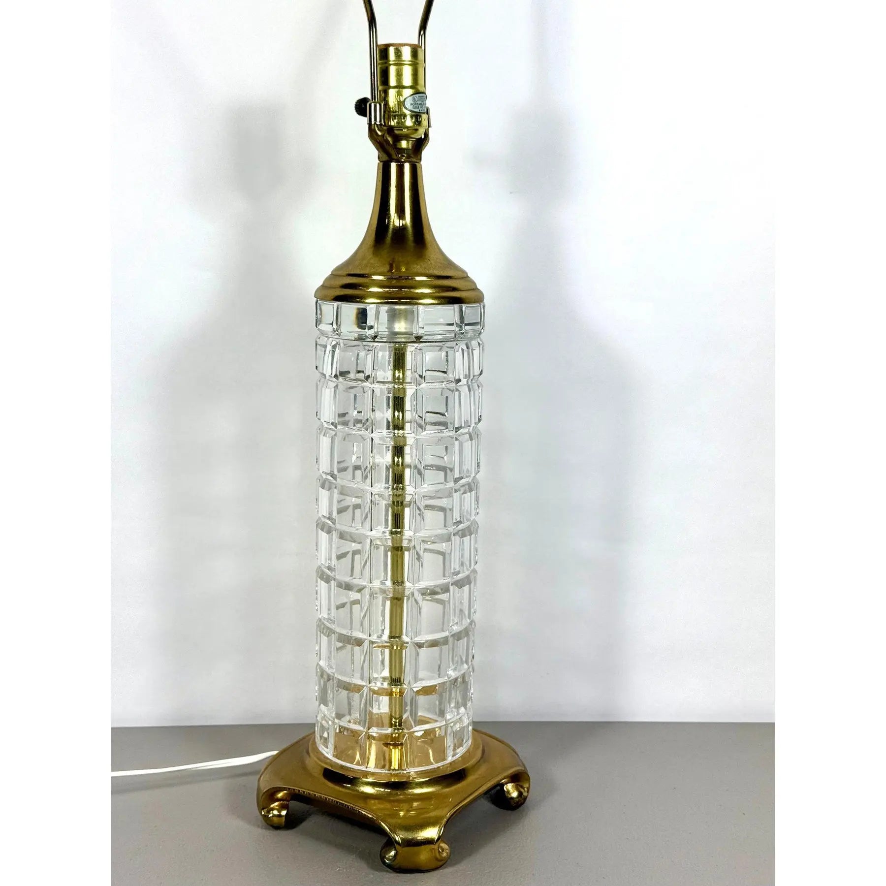 Large Signed Dresden Hand Cut Block Crystal and Brass Table Lamp 31 Inch Hollywood Regency