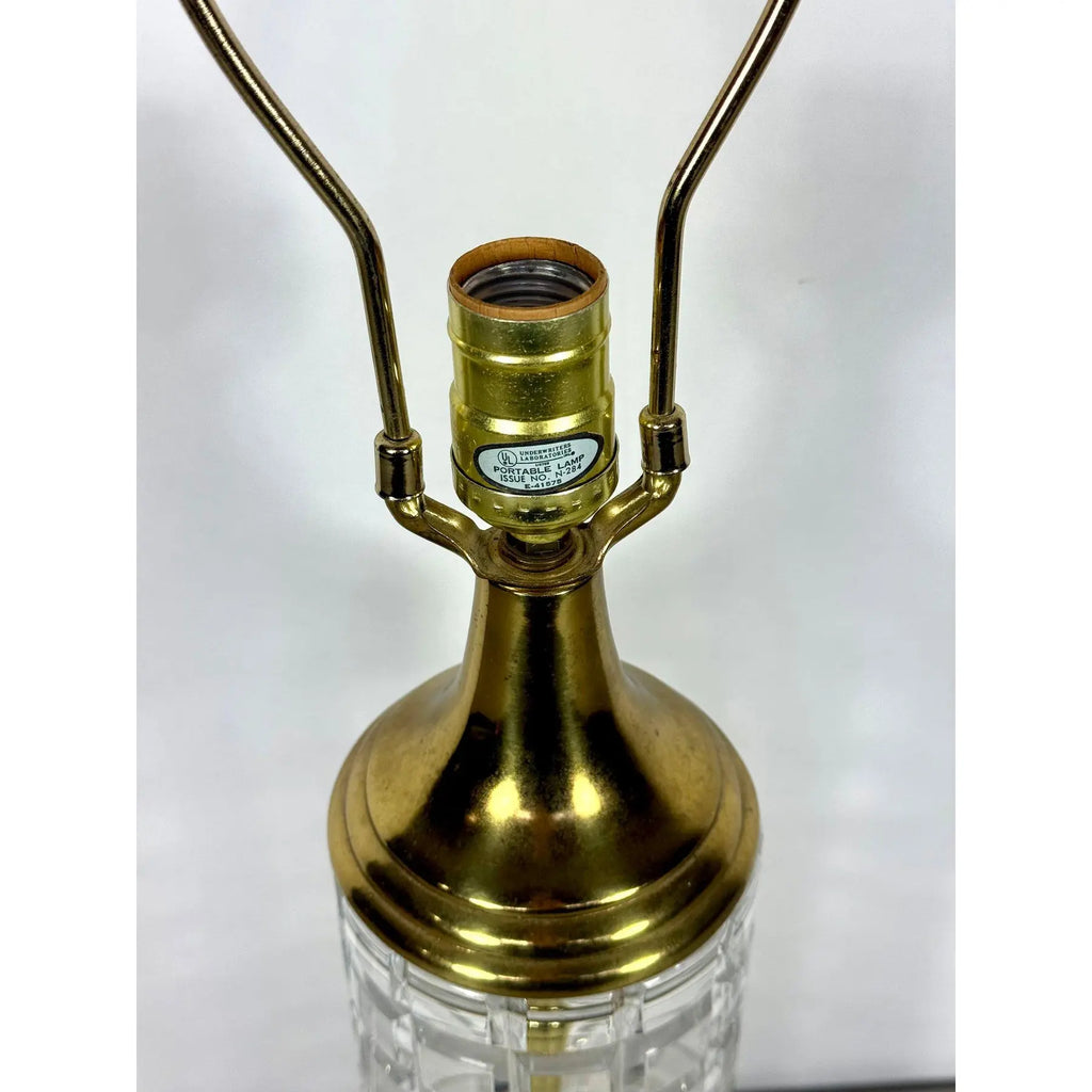 Large Signed Dresden Hand Cut Block Crystal and Brass Table Lamp 31 Inch Hollywood Regency