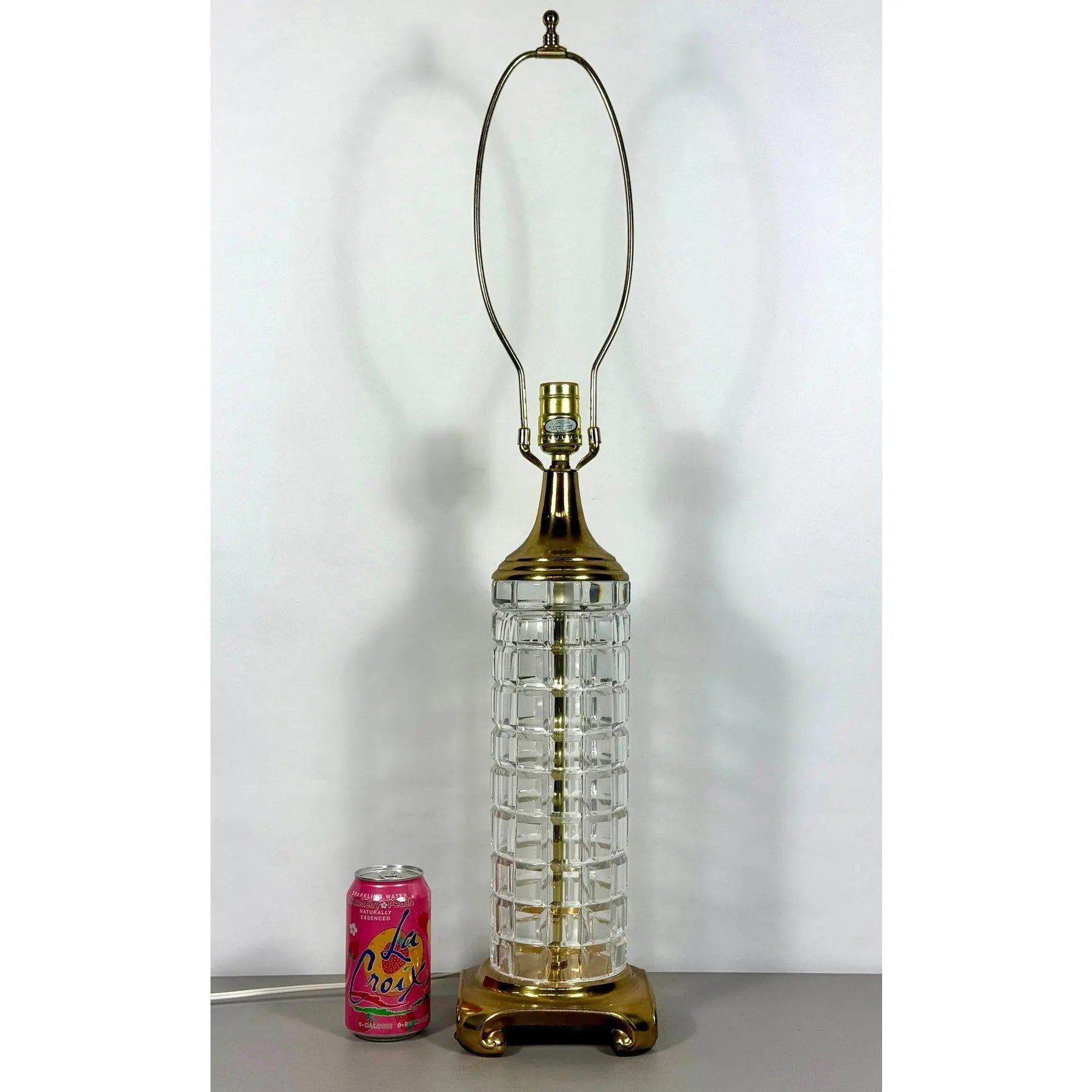 Large Signed Dresden Hand Cut Block Crystal and Brass Table Lamp 31 Inch Hollywood Regency