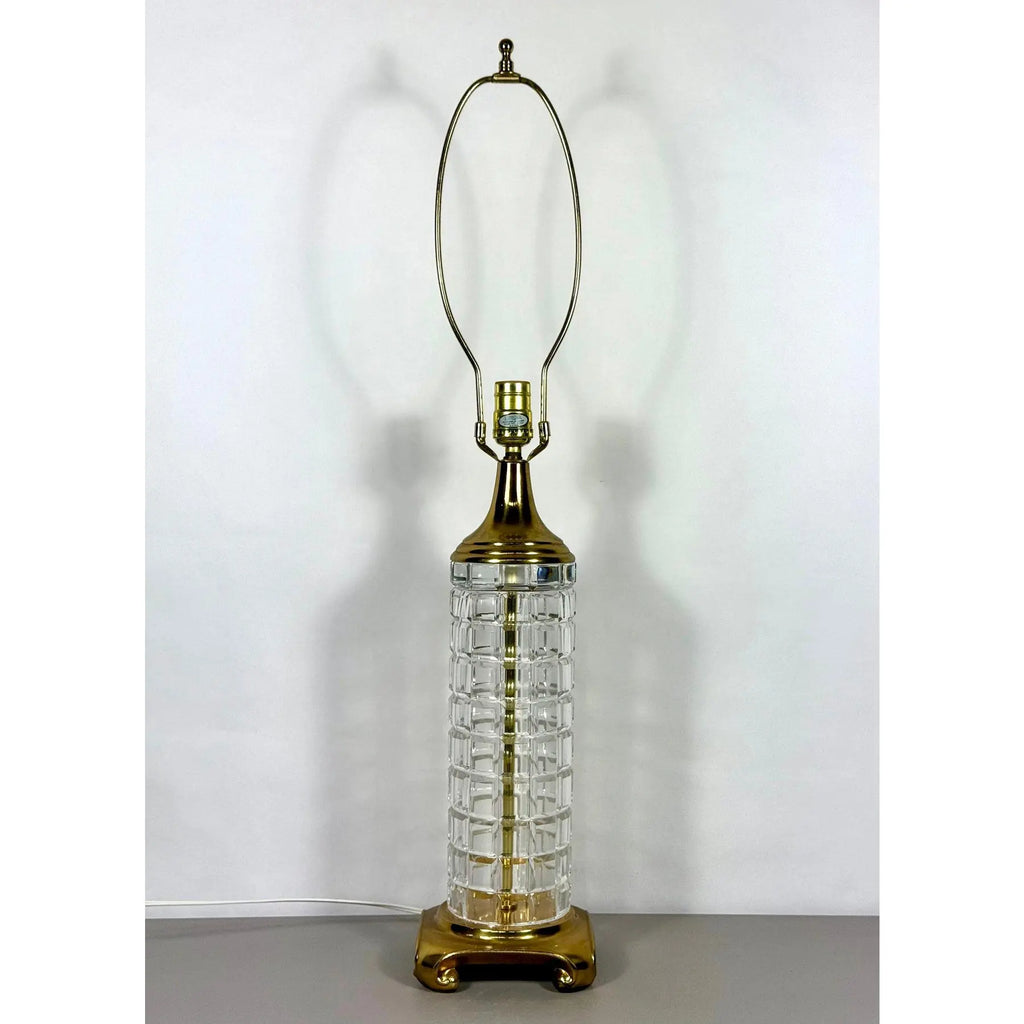 Large Signed Dresden Hand Cut Block Crystal and Brass Table Lamp 31 Inch Hollywood Regency