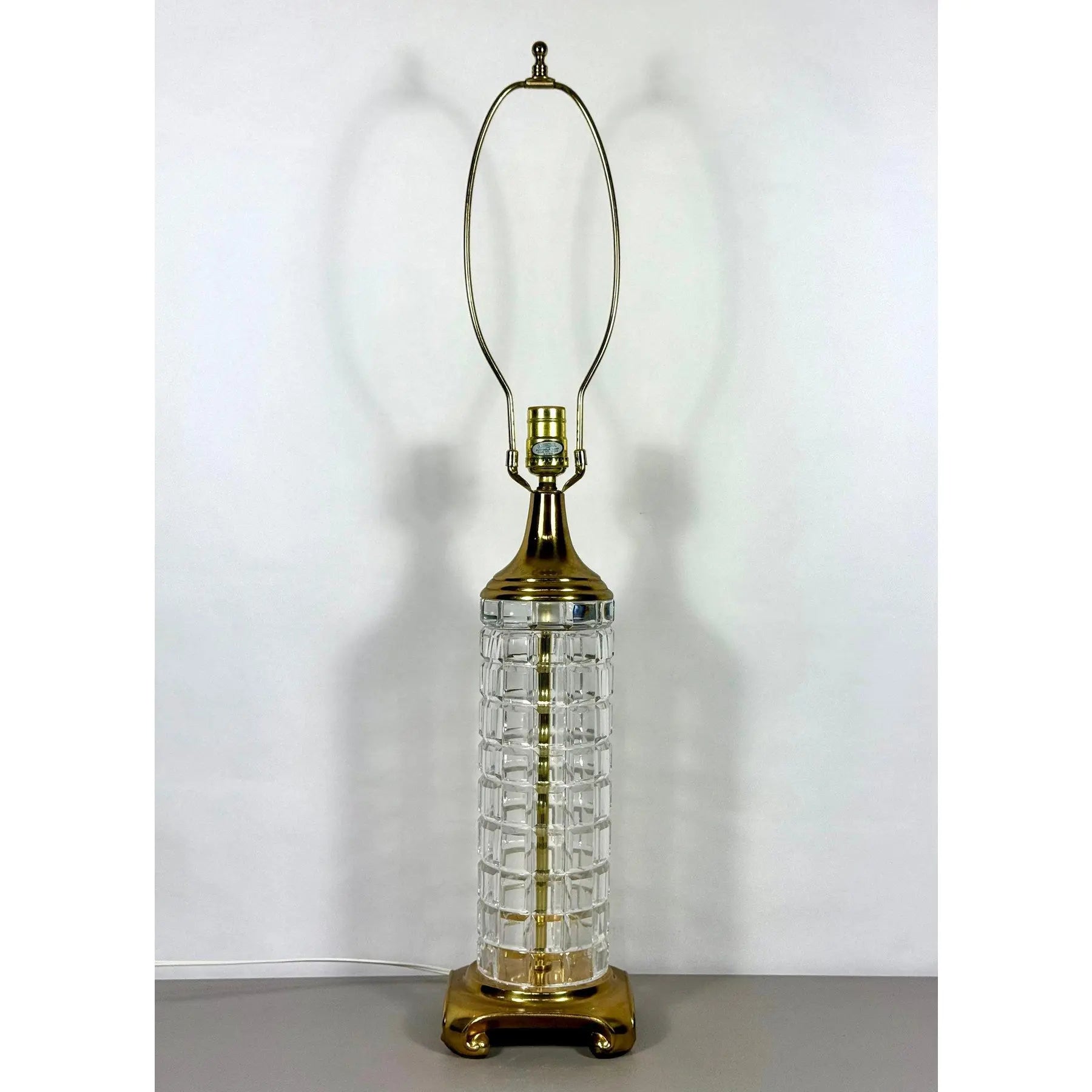 Large Signed Dresden Hand Cut Block Crystal and Brass Table Lamp 31 Inch Hollywood Regency