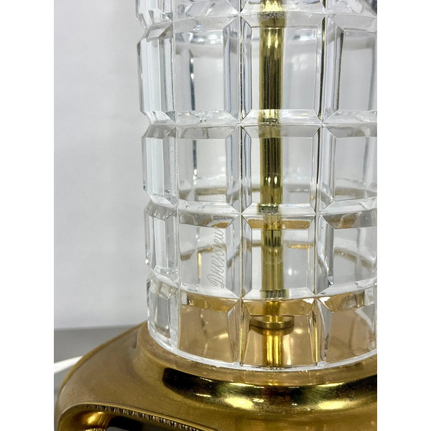 Large Signed Dresden Hand Cut Block Crystal and Brass Table Lamp 31 Inch Hollywood Regency