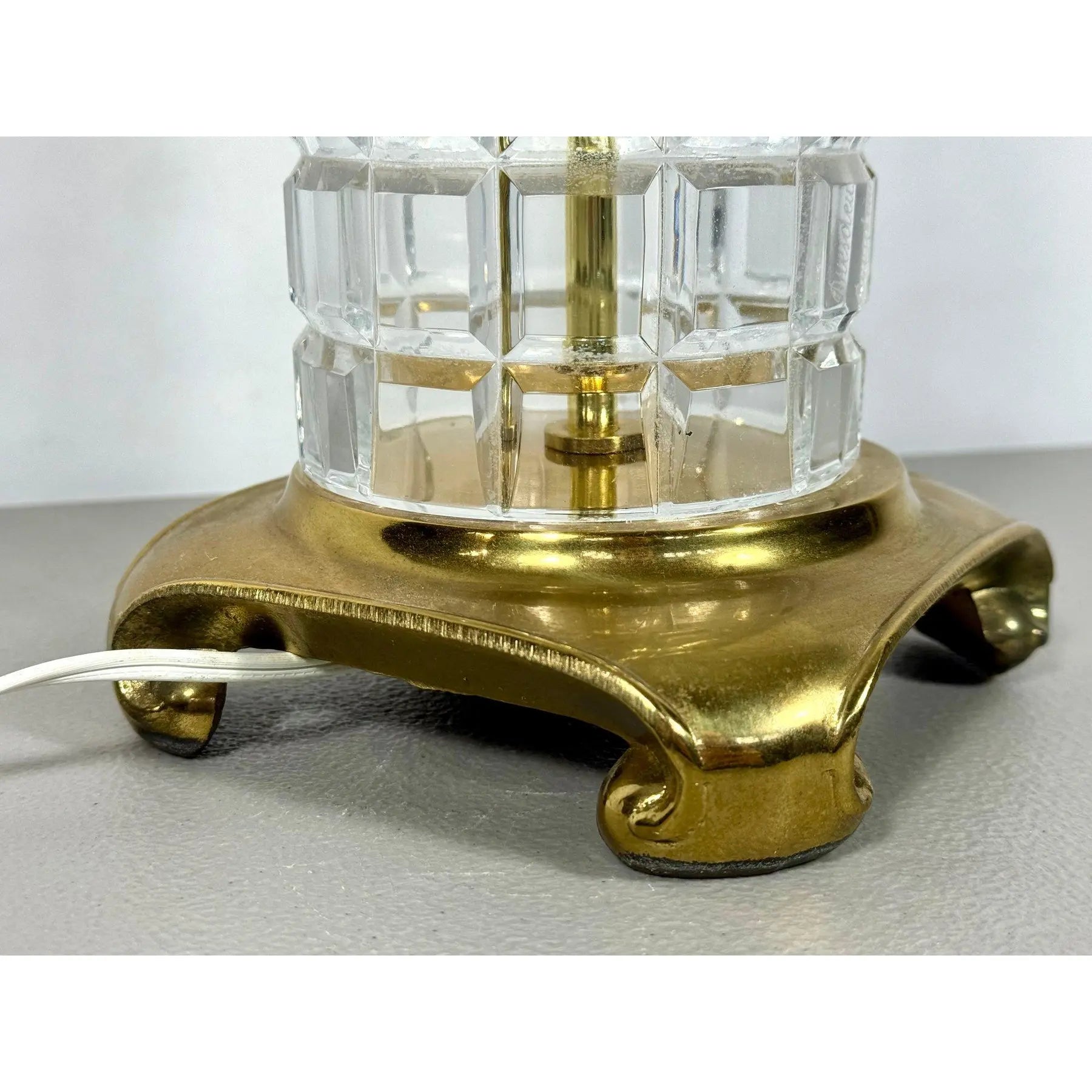 Large Signed Dresden Hand Cut Block Crystal and Brass Table Lamp 31 Inch Hollywood Regency