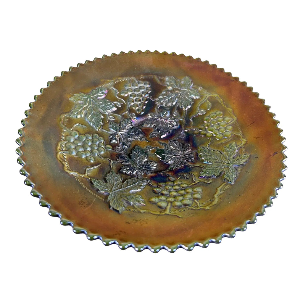 Signed Antique Northwood "Grape and Cable" Green Carnival Glass Plate
