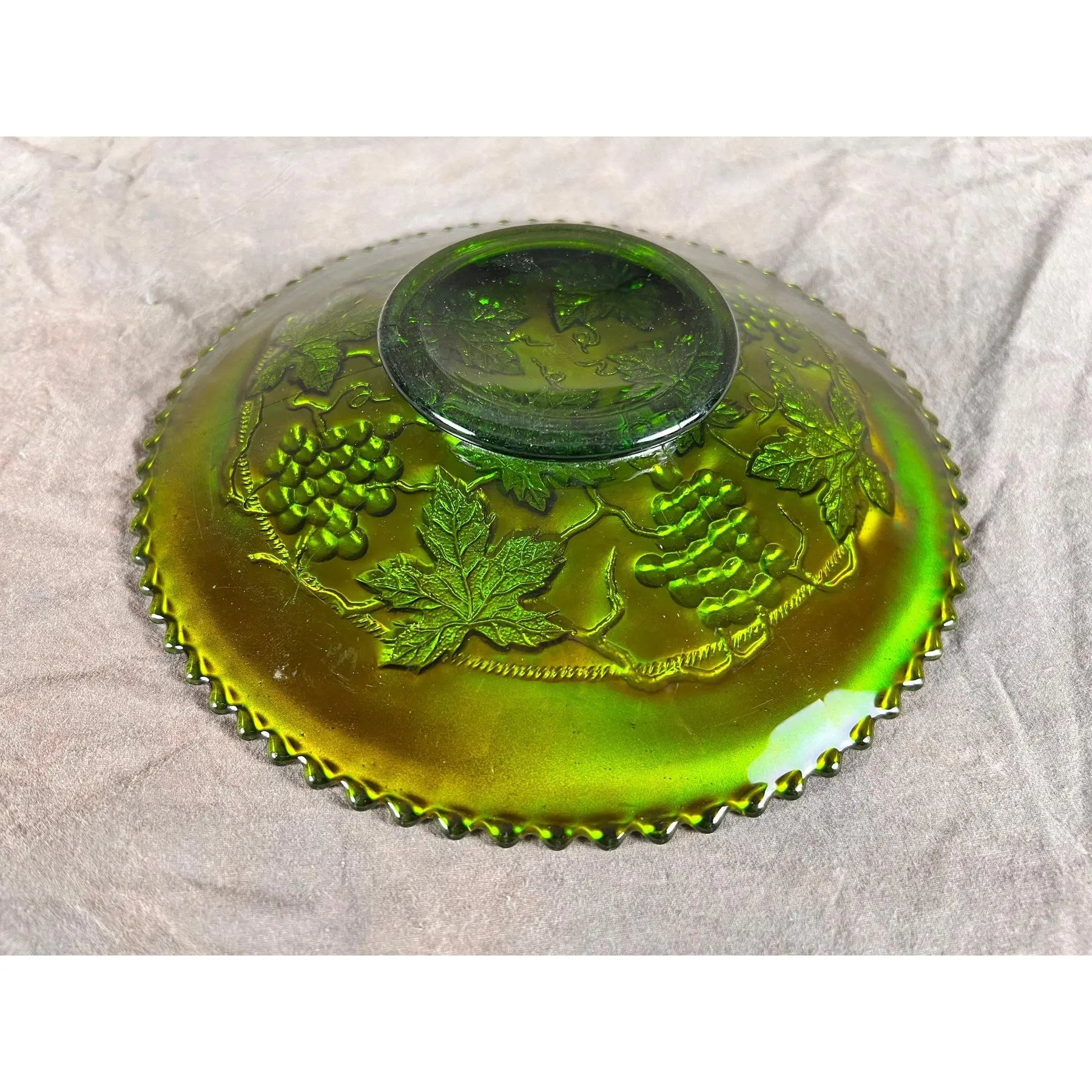 Signed Antique Northwood "Grape and Cable" Green Carnival Glass Plate