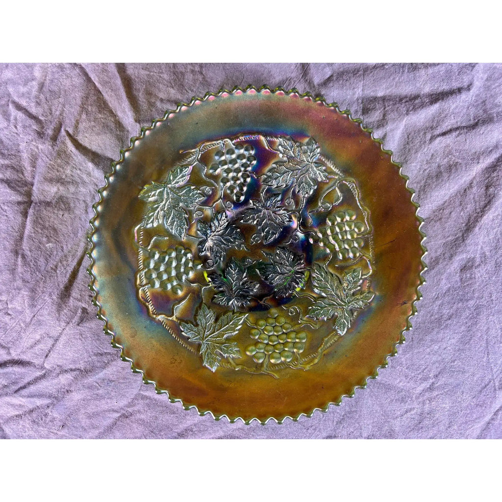 Signed Antique Northwood "Grape and Cable" Green Carnival Glass Plate