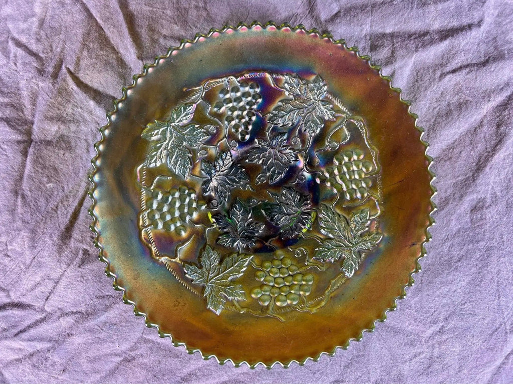 Signed Antique Northwood "Grape and Cable" Green Carnival Glass Plate