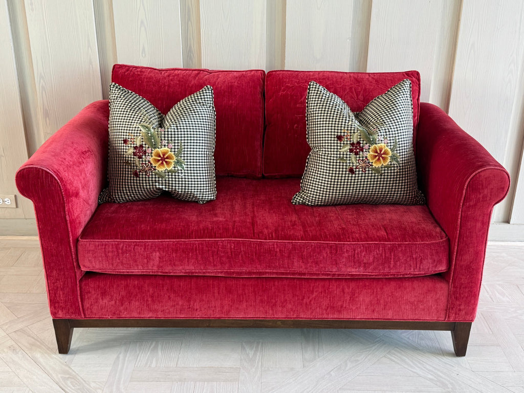 Kristin Drohan Collection Red Velvet Love Seat With Embroidered Down-Filled Throw Pillows