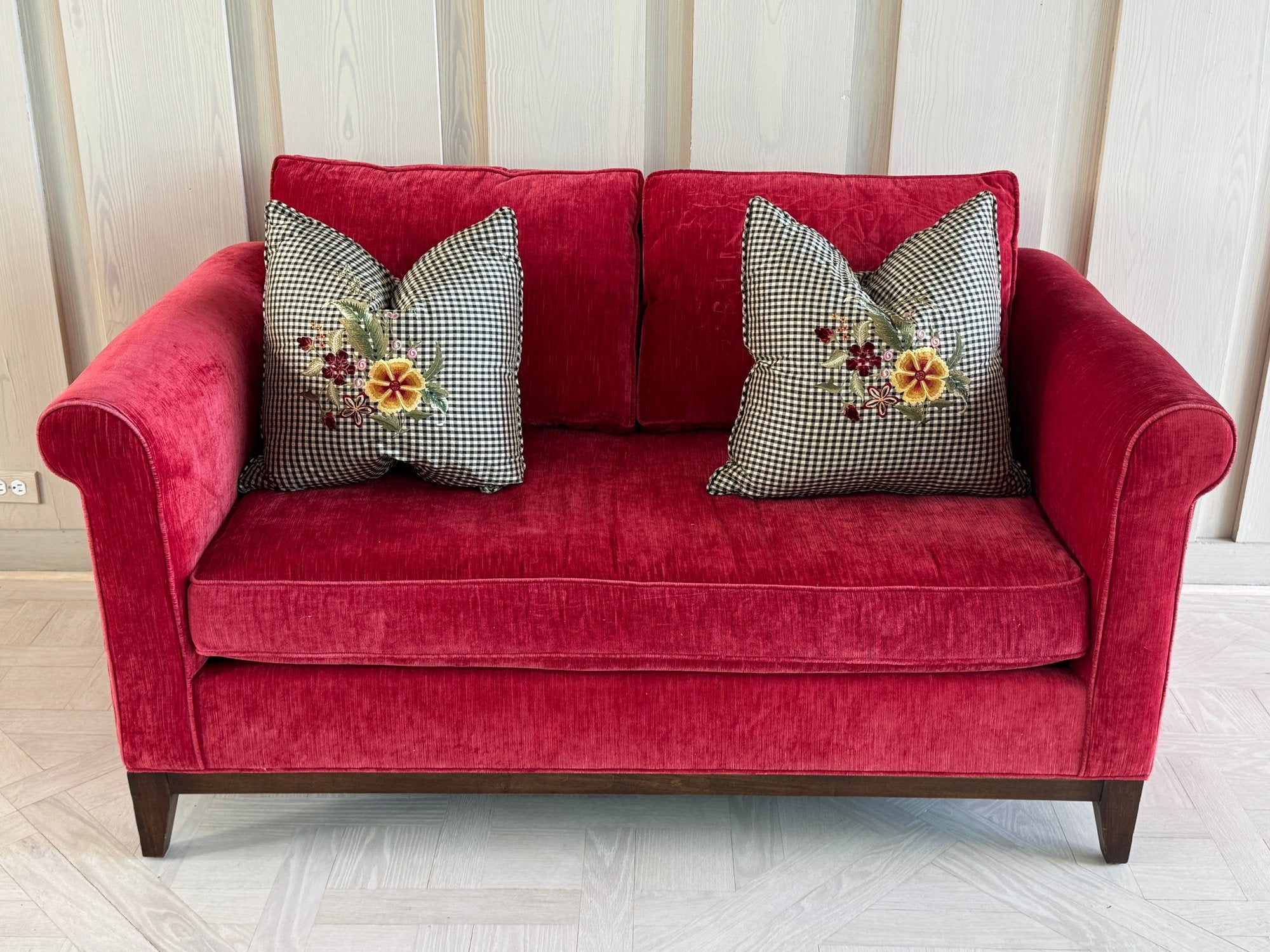 Kristin Drohan Collection Red Velvet Love Seat With Embroidered Down-Filled Throw Pillows