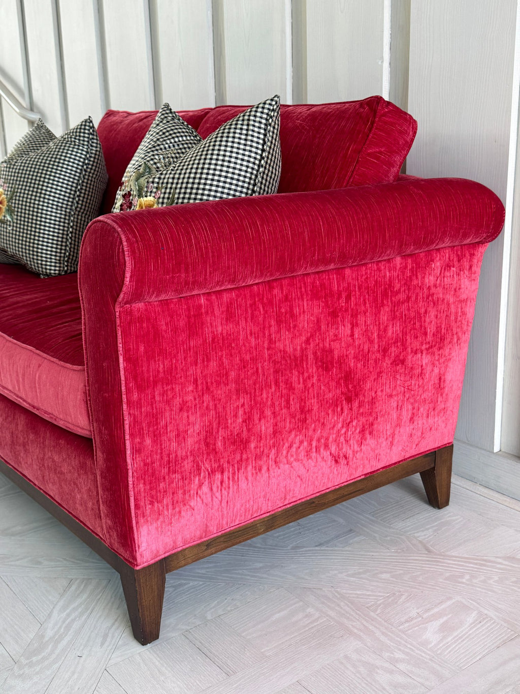 Kristin Drohan Collection Red Velvet Love Seat With Embroidered Down-Filled Throw Pillows