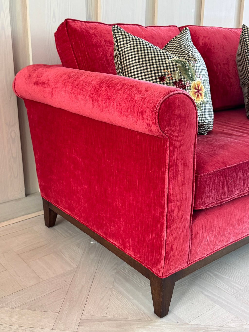 Kristin Drohan Collection Red Velvet Love Seat With Embroidered Down-Filled Throw Pillows