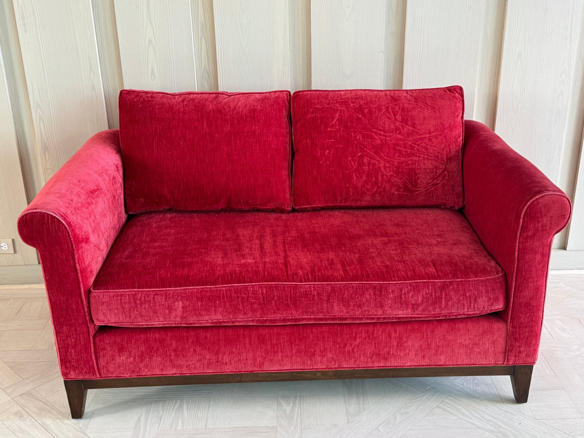 Kristin Drohan Collection Red Velvet Love Seat With Embroidered Down-Filled Throw Pillows