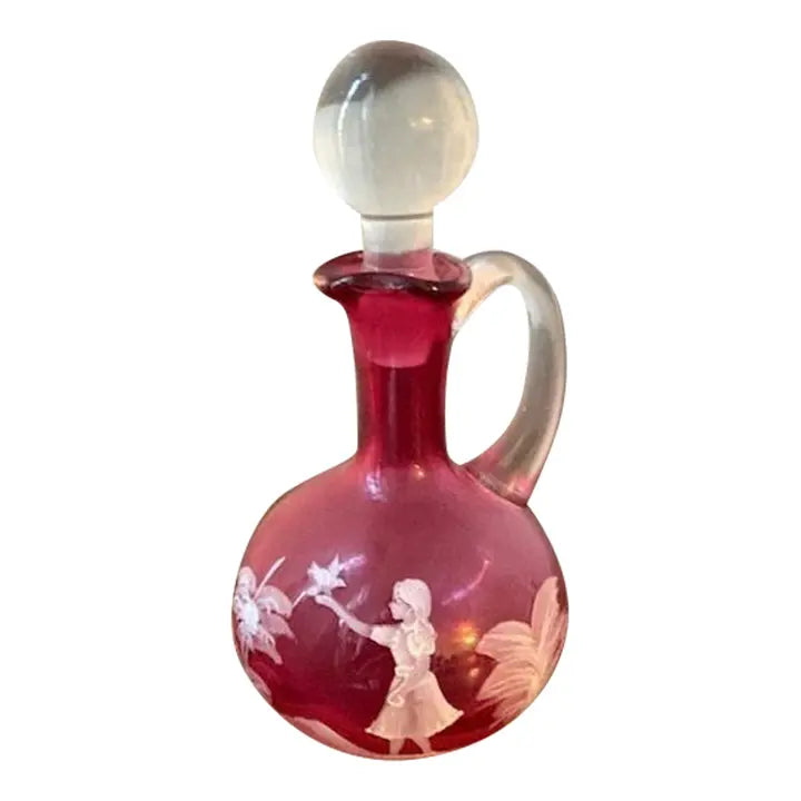 Antique Hand-Blown Mary Gregory Cranberry Glass Cruet & Stopper