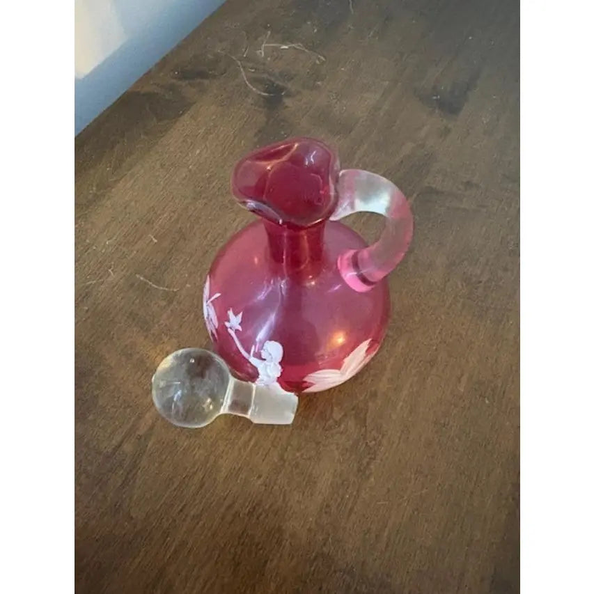 Antique Hand-Blown Mary Gregory Cranberry Glass Cruet & Stopper